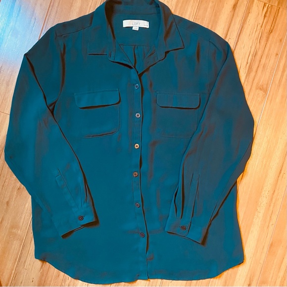 Ann Taylor Loft Petite Small Hunter Green Convertible Sleeve Blouse Button-Up - Picture 1 of 4